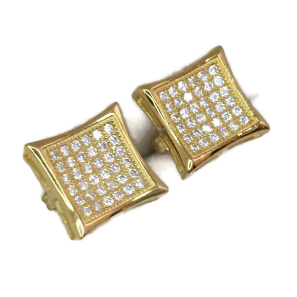 Yellow gold on stud earring large pointy square cz